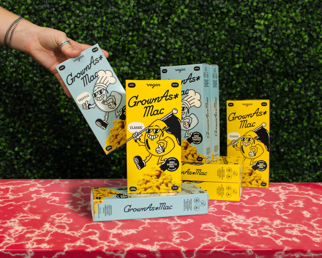 GrownAs classic and truffle mac and cheese packaging